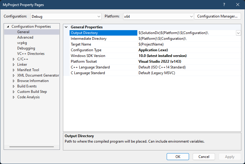 Project Properties Window showing configuration options