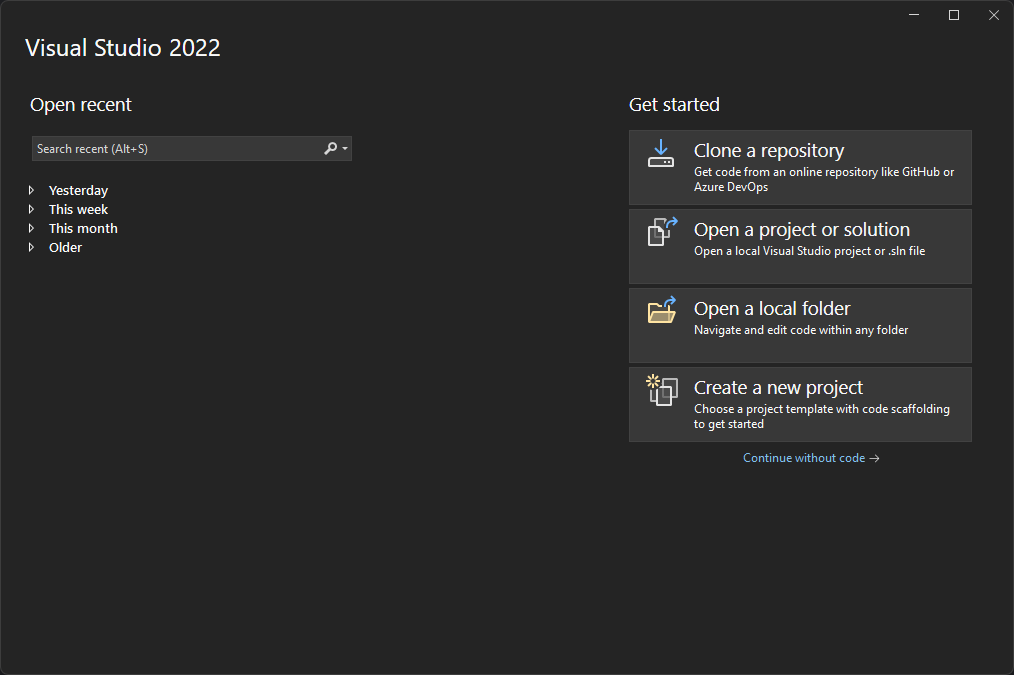 Visual Studio Start Screen